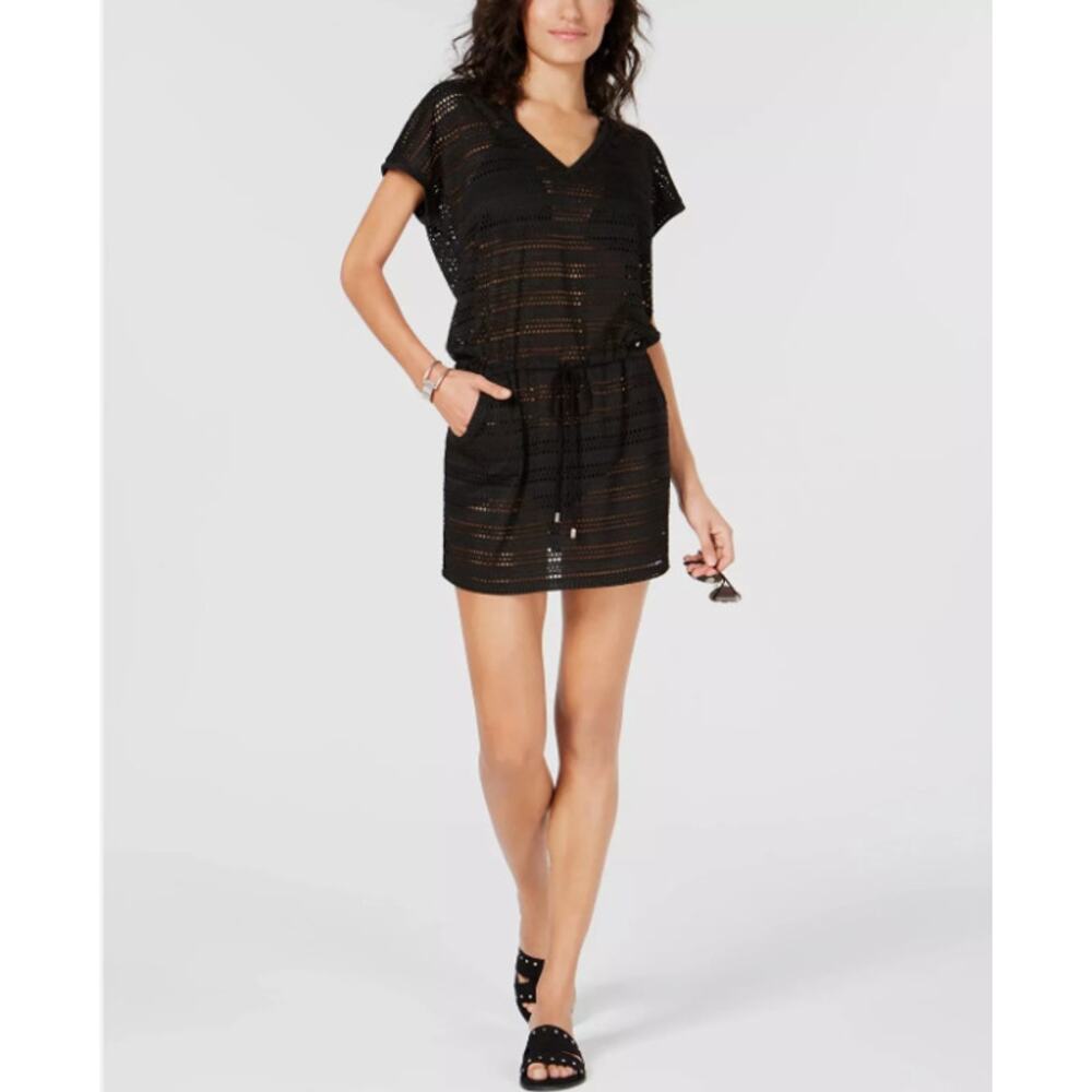 Calvin Klein Swimwear Black Tunic Cover Up Dress Womens Open-Knit Striped V-Neck